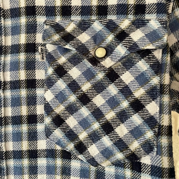 Levi’s Flannel Vintage & Western Style Gingham Blue & White Shirt Men’s SM Slim - Picture 7 of 17